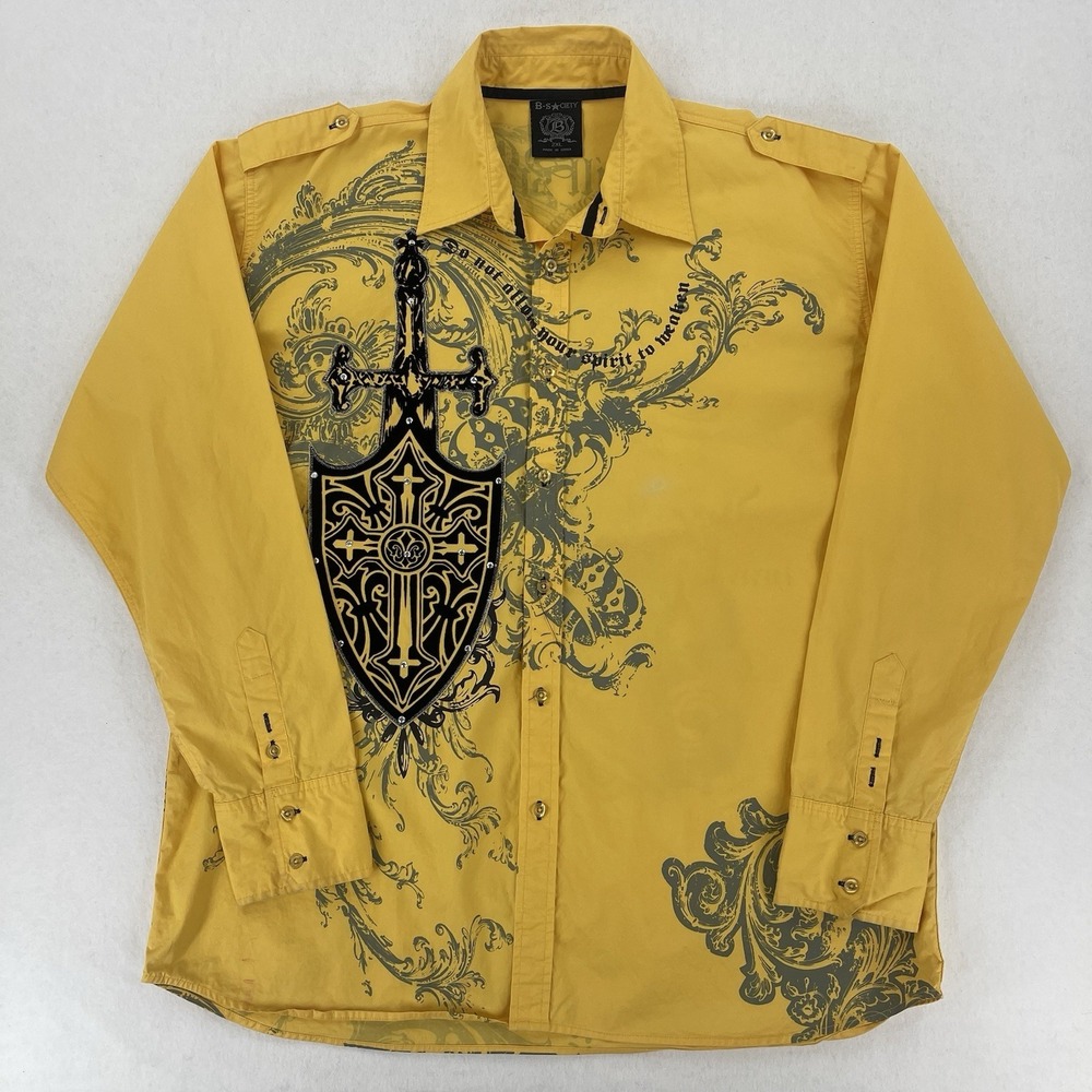 B Society Button Up Shirt Men's 2XL Yellow Embroidered Grunge Gothic Emo